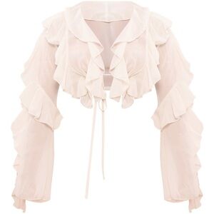 PLT Cream Extreme Frill Tie Front Flare Sleeve Blouse